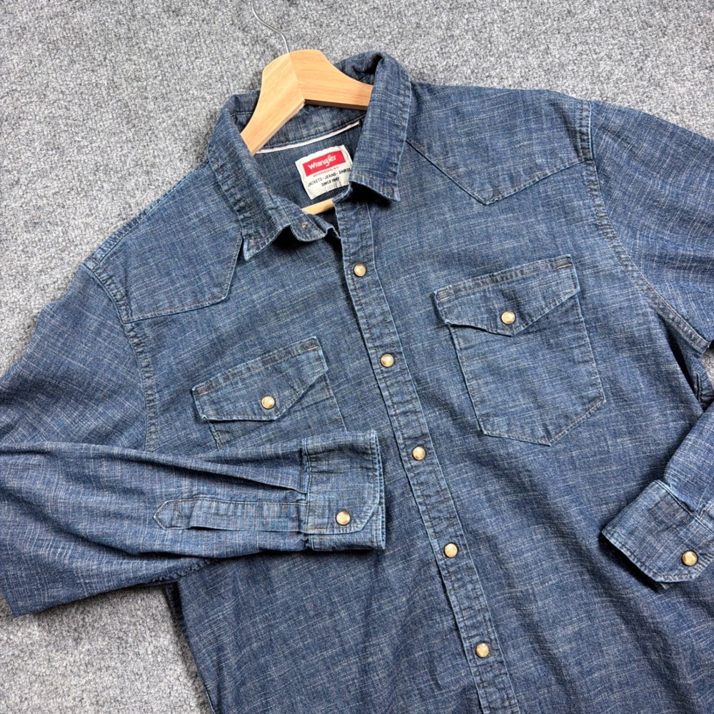 Wrangler Western Shirt Mens Large Blue Long Sleeve Pearl Snap Denim Slim Fit